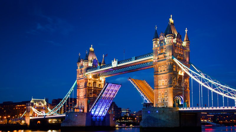 Tower Bridge in London, the UK at night